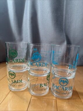 Bacardi Branded Clear Glass Tumblers — Green and Blue Logo